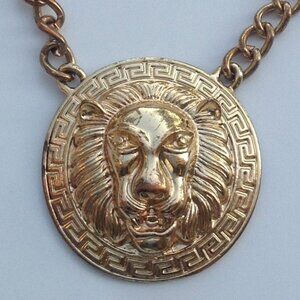 Lion Head Greek Keys Surround Medallion Pendant Necklace 2" Diameter